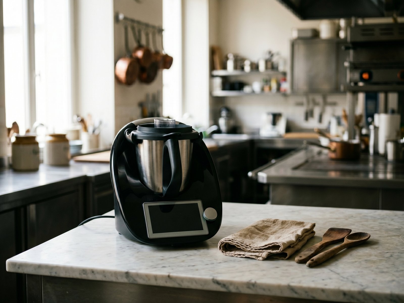 Thermomix Vorwerk TM6 sur plan de travail en marbre, cuisine professionnelle française : illustration de l'analogie entre la démocratisation de l'outil et la persistance du métier de chef.